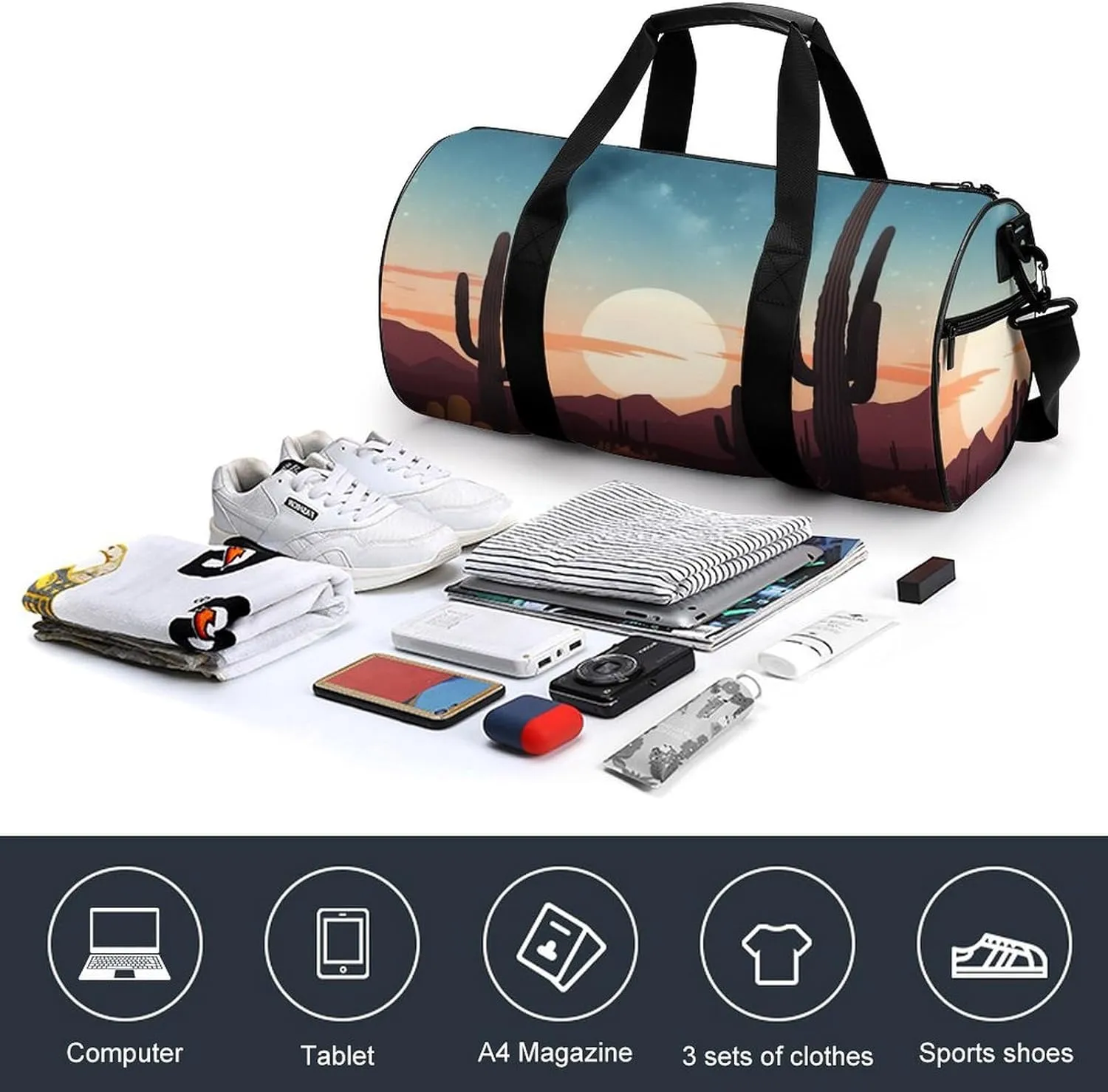 Sports Gym Bag for Women Men Travel Duffel Bag Tote Weekender Bag Desert With Cactus Carry on Overnight Bag for Travel Swimming Fitness Workout Sports Duffle Bag