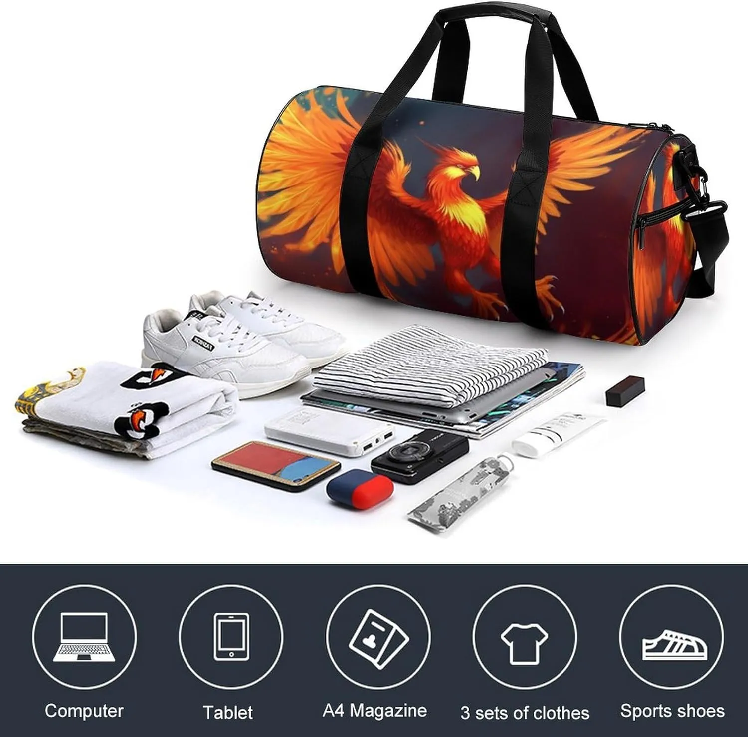 Sports Gym Bag for Women Men Travel Duffel Bag Tote Weekender Bag Orange Red Phoenix Carry on Overnight Bag for Travel Swimming Fitness Workout Sports Duffle Bag