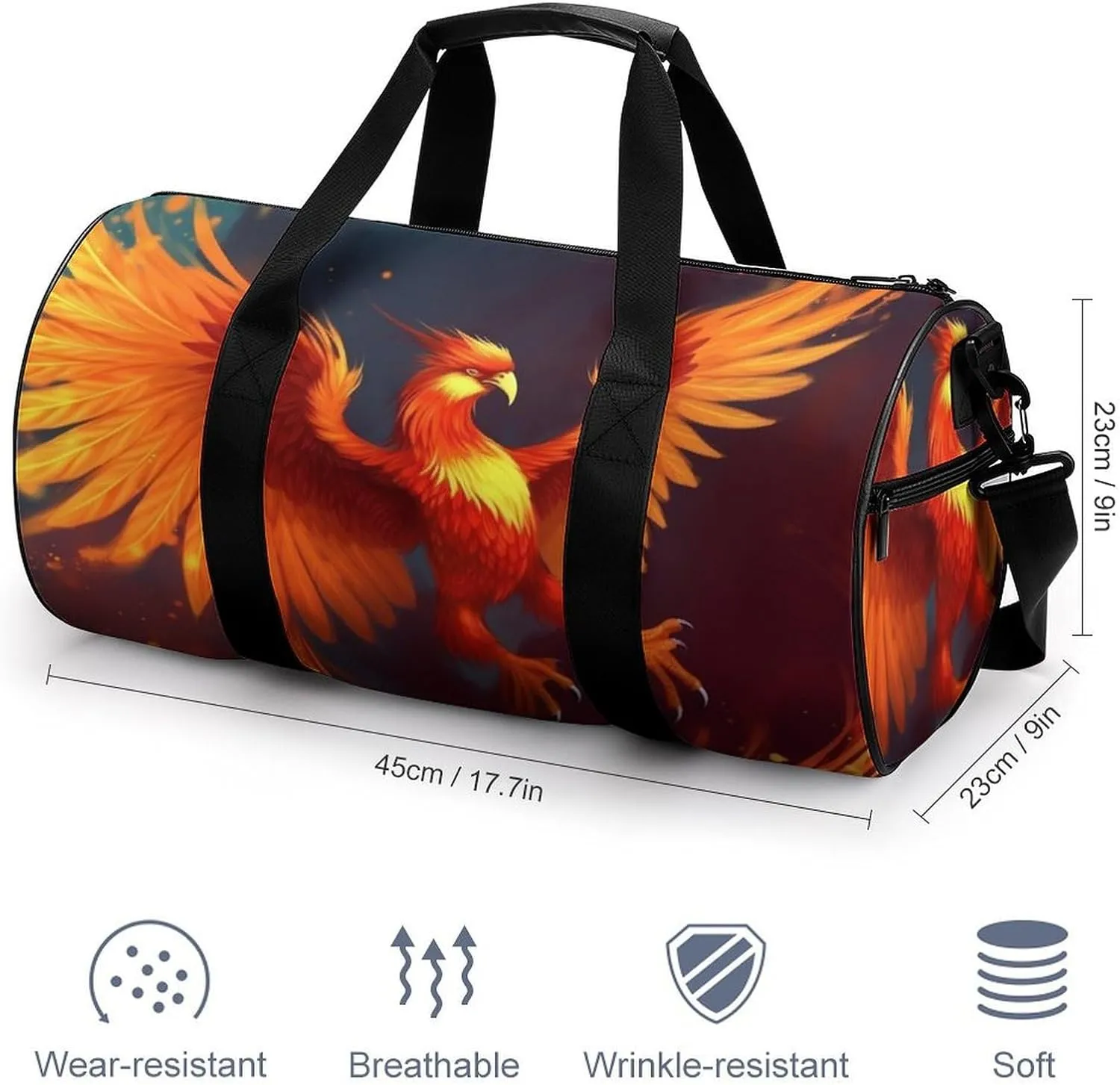 Sports Gym Bag for Women Men Travel Duffel Bag Tote Weekender Bag Orange Red Phoenix Carry on Overnight Bag for Travel Swimming Fitness Workout Sports Duffle Bag