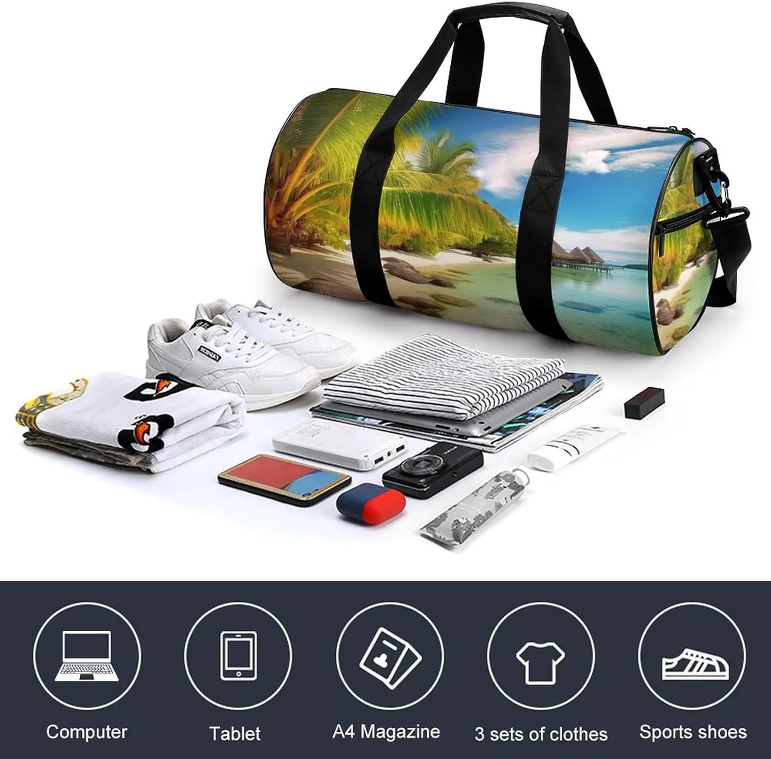 Sports Gym Bag for Women Men Travel Duffel Bag Tote Weekender Bag Tropical Beach Scenery Carry on Overnight Bag for Travel Swimming Fitness Workout Sports Duffle Bag