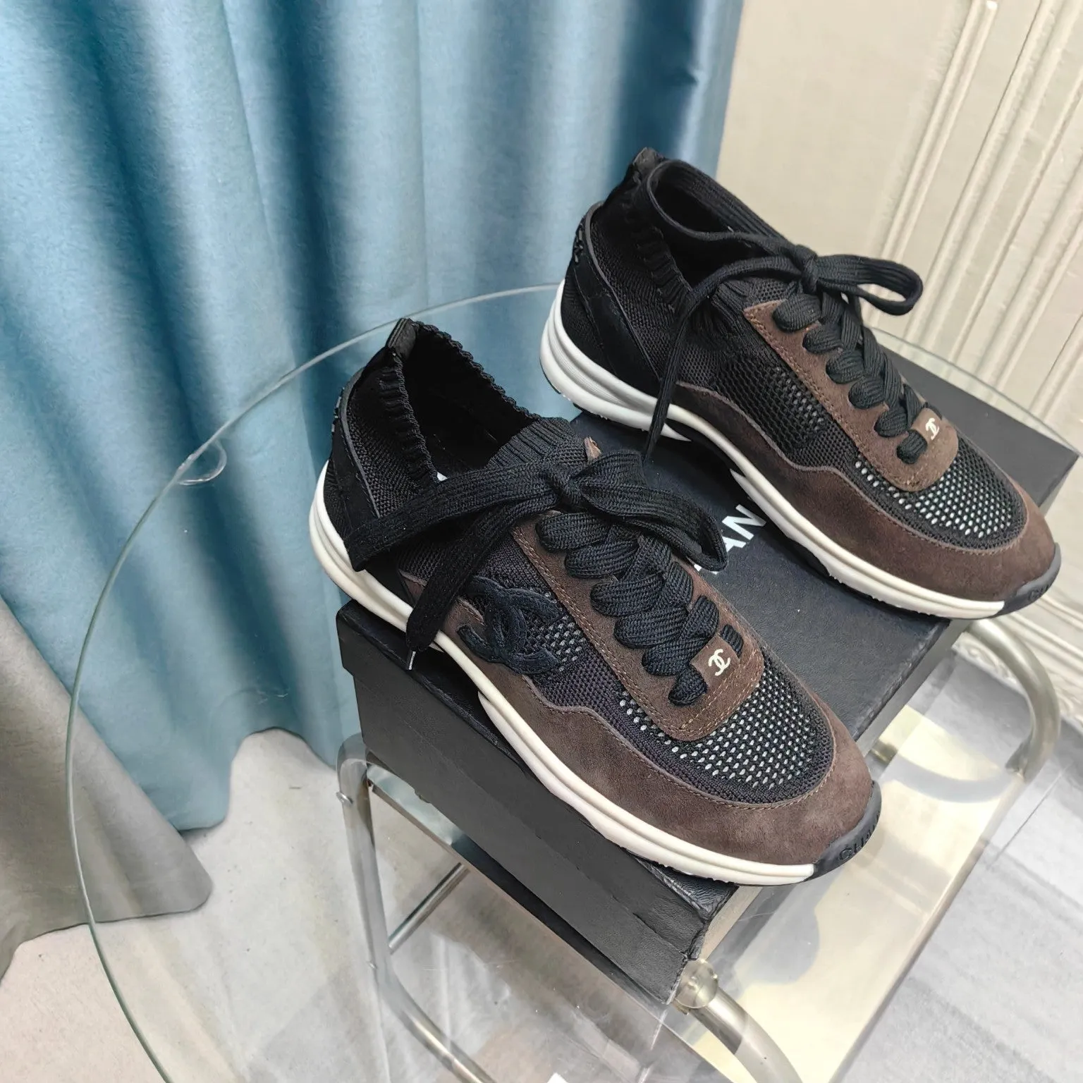 Suede Polyester Fabric Loyal customers Great deal Mesh Sneaker CHANEL And Brown Black