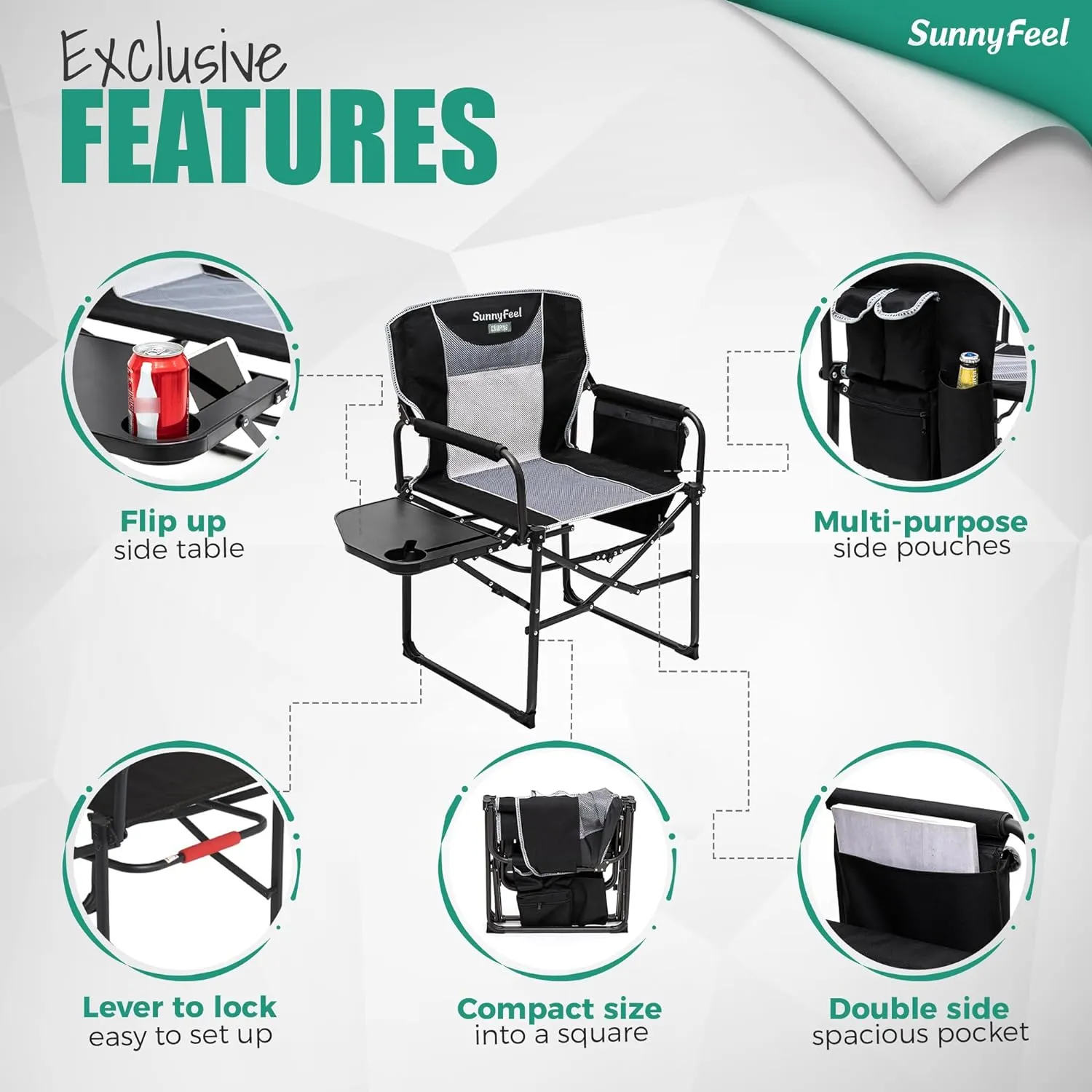 SUNNYFEEL Oversized Camping Directors Chair, Portable Folding Lawn Chairs for Adults Heavy Duty with Side Table,Pocket for Beach, Fishing,Picnic,Concert,Tailgating，Outdoor Foldable Camp Chair