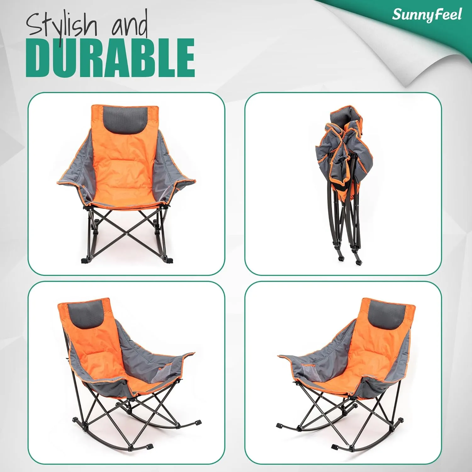 SUNNYFEEL Rocking Camping Chair, Luxury Padded Recliner, Oversized Folding Lawn Chair with Pocket, Heavy Duty for Outdoor/Picnic/Lounge/Patio, Portable Camp Rocker Chairs with Carry Bag