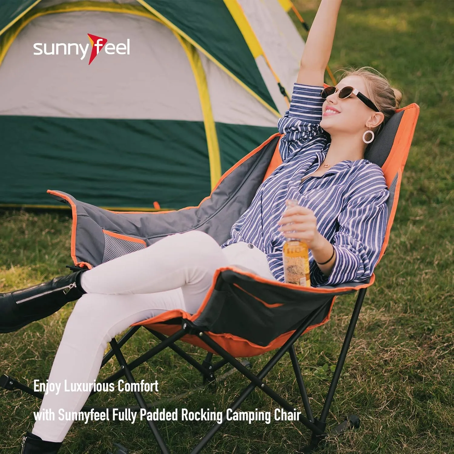 SUNNYFEEL Rocking Camping Chair, Luxury Padded Recliner, Oversized Folding Lawn Chair with Pocket, Heavy Duty for Outdoor/Picnic/Lounge/Patio, Portable Camp Rocker Chairs with Carry Bag