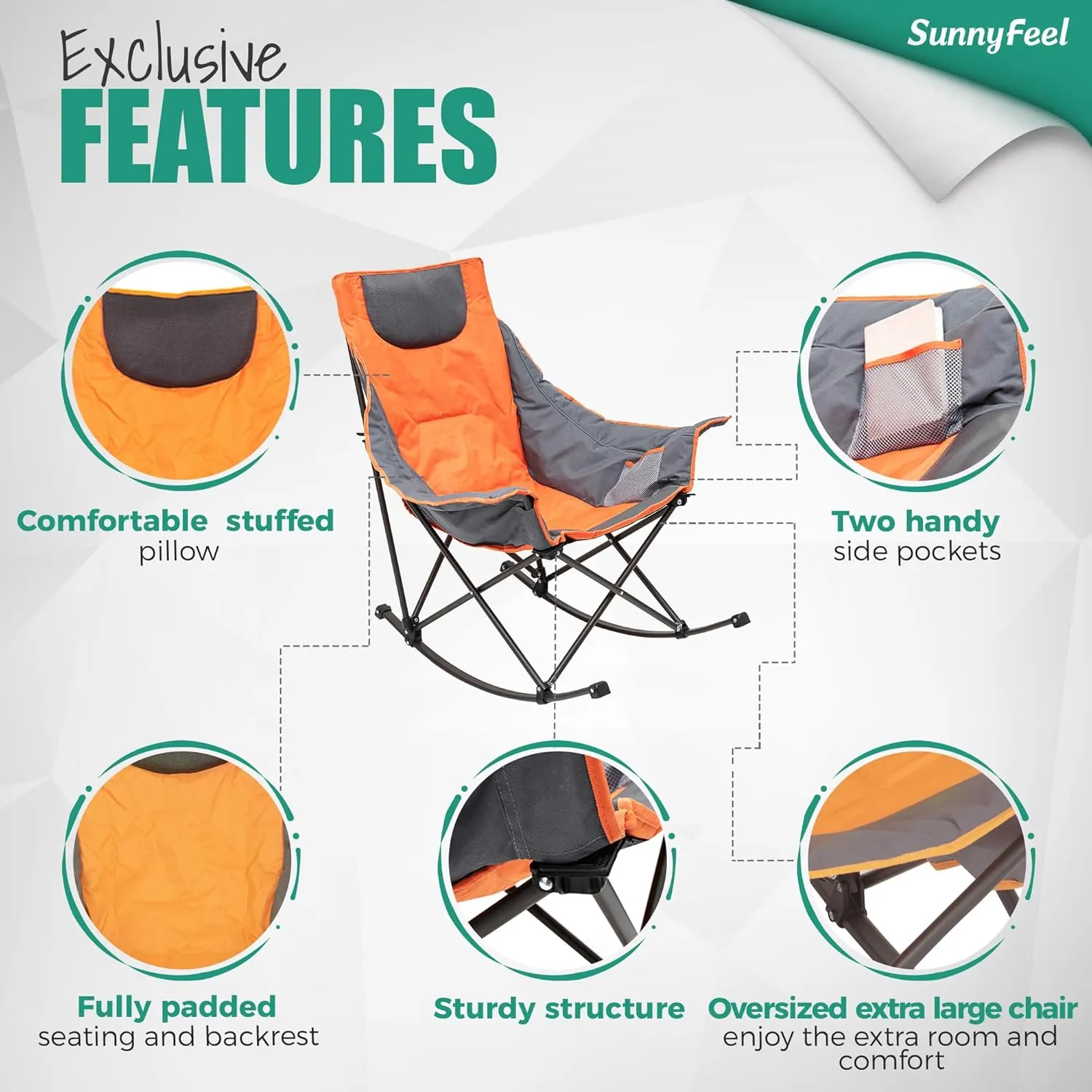 SUNNYFEEL Rocking Camping Chair, Luxury Padded Recliner, Oversized Folding Lawn Chair with Pocket, Heavy Duty for Outdoor/Picnic/Lounge/Patio, Portable Camp Rocker Chairs with Carry Bag