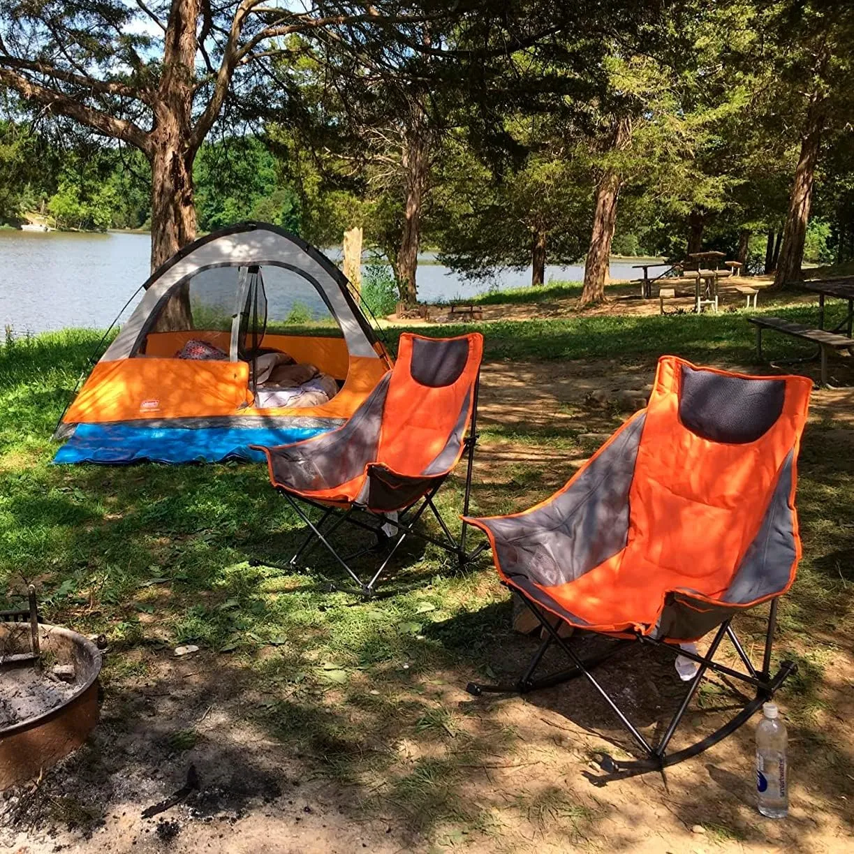 SUNNYFEEL Rocking Camping Chair, Luxury Padded Recliner, Oversized Folding Lawn Chair with Pocket, Heavy Duty for Outdoor/Picnic/Lounge/Patio, Portable Camp Rocker Chairs with Carry Bag