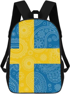 Sweden Flag Paisley Pattern Funny 17 Inch Backpack Multipurpose Shoulders Daypack Laptop Bag for Travel Hiking Camping 12.5 X 17 X 5.5 Inch