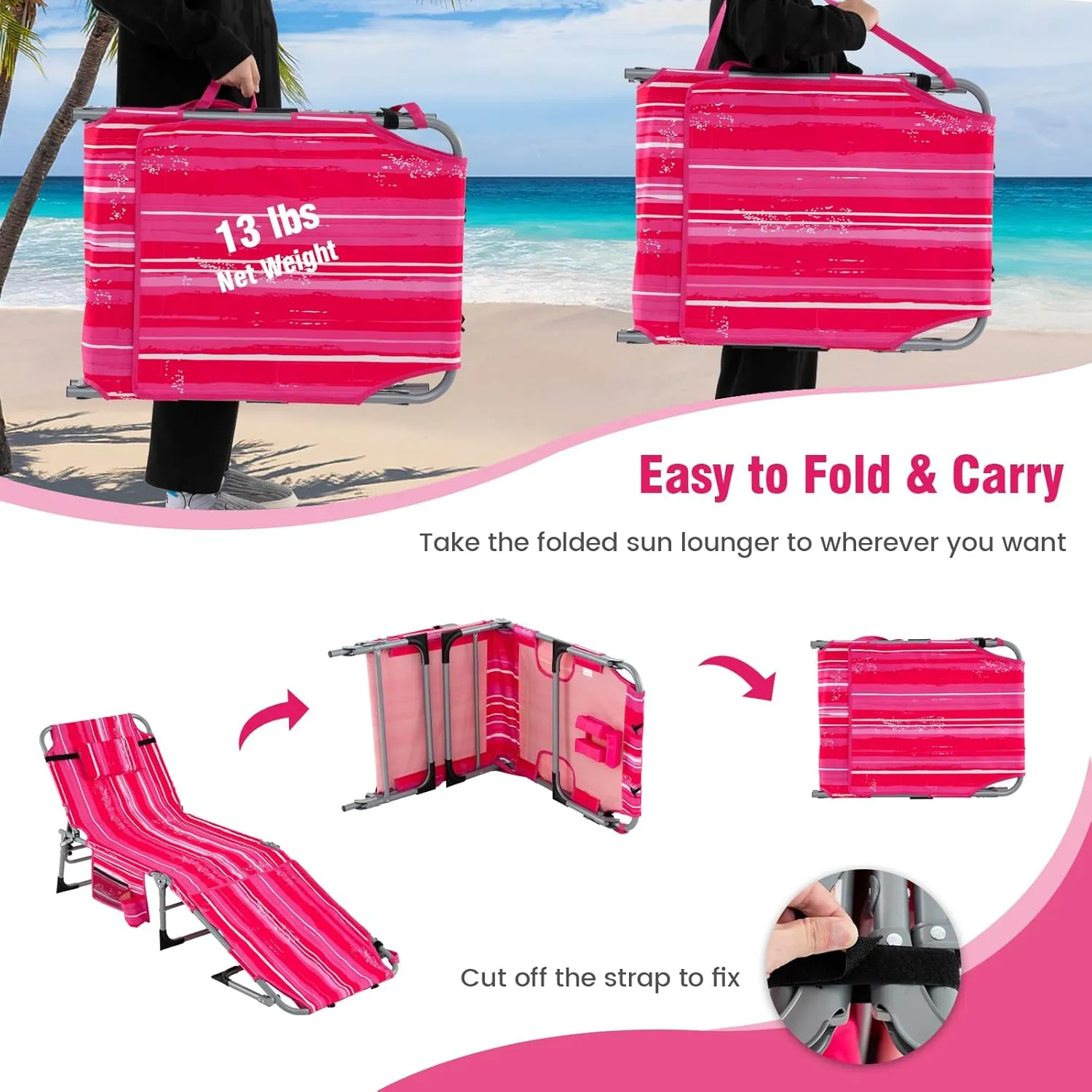 Tangkula Tanning Chair, Outdoor Folding Beach Lounge Chair with Face Hole, Adjustable Footrest, Removable Pillow, Storage Pocket, 5-Position Sunbathing Chair for Outside Beach (1, Pink Stripe)