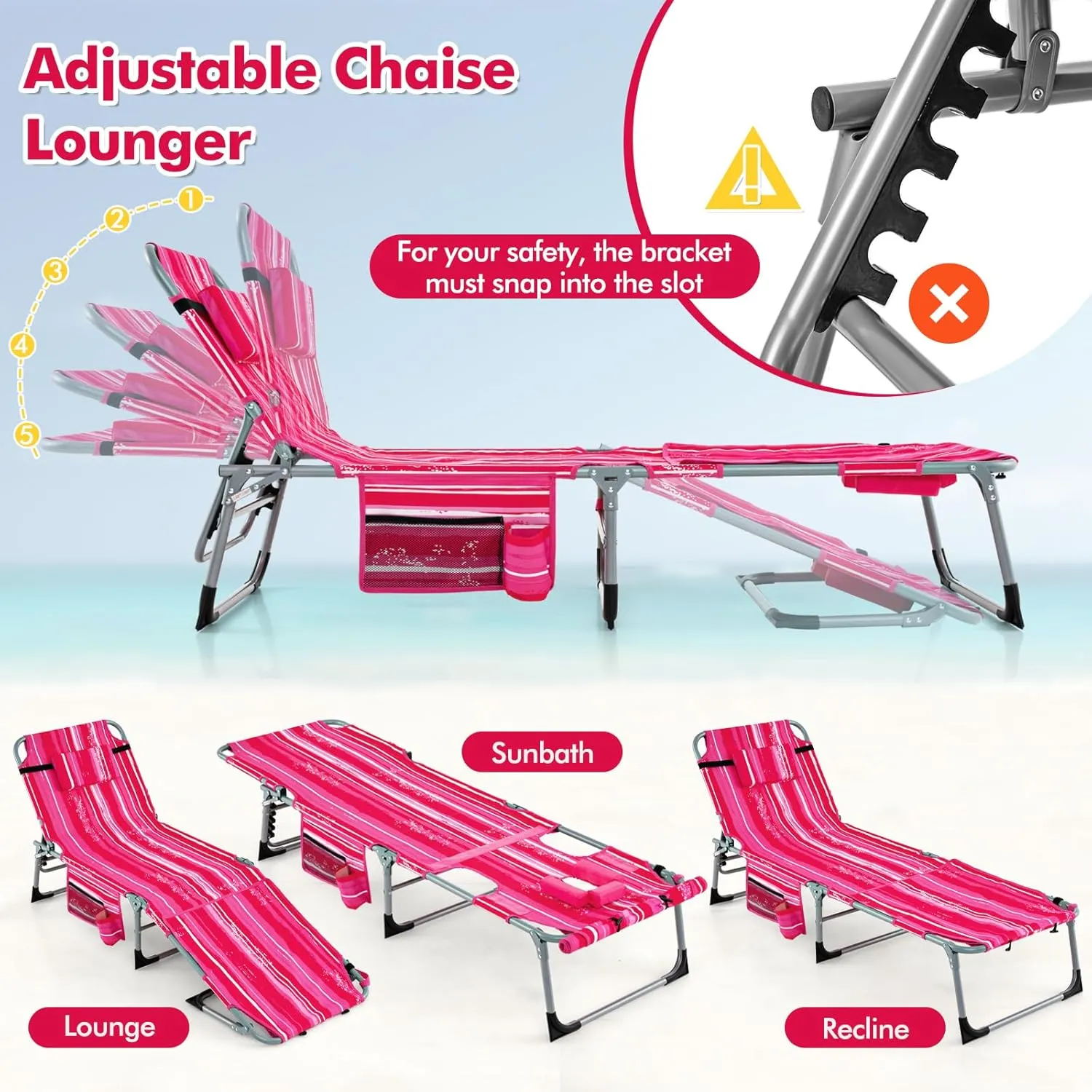 Tangkula Tanning Chair, Outdoor Folding Beach Lounge Chair with Face Hole, Adjustable Footrest, Removable Pillow, Storage Pocket, 5-Position Sunbathing Chair for Outside Beach (1, Pink Stripe)