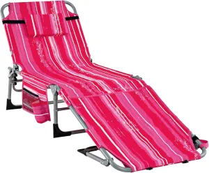 Tangkula Tanning Chair, Outdoor Folding Beach Lounge Chair with Face Hole, Adjustable Footrest, Removable Pillow, Storage Pocket, 5-Position Sunbathing Chair for Outside Beach (1, Pink Stripe)