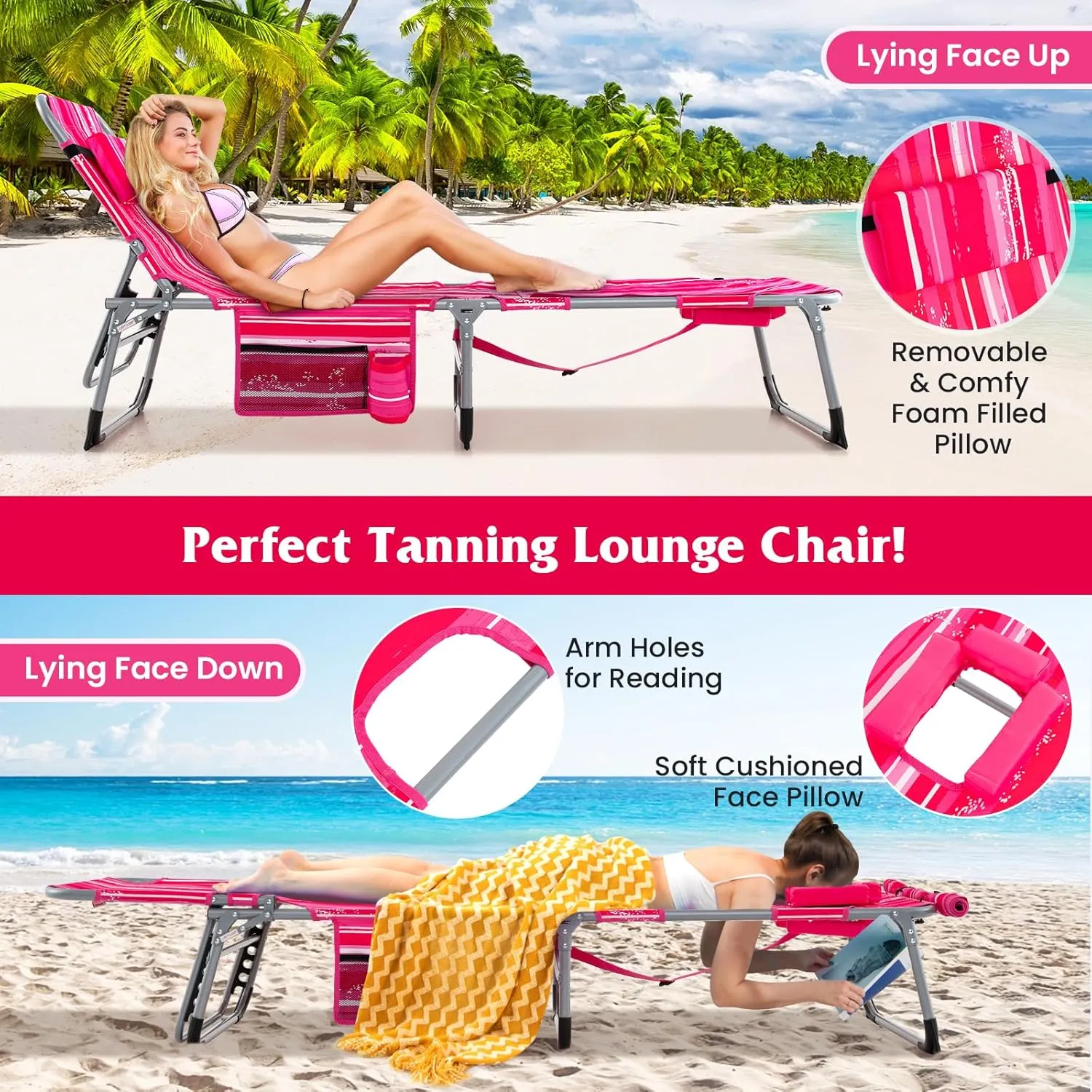 Tangkula Tanning Chair, Outdoor Folding Beach Lounge Chair with Face Hole, Adjustable Footrest, Removable Pillow, Storage Pocket, 5-Position Sunbathing Chair for Outside Beach (1, Pink Stripe)