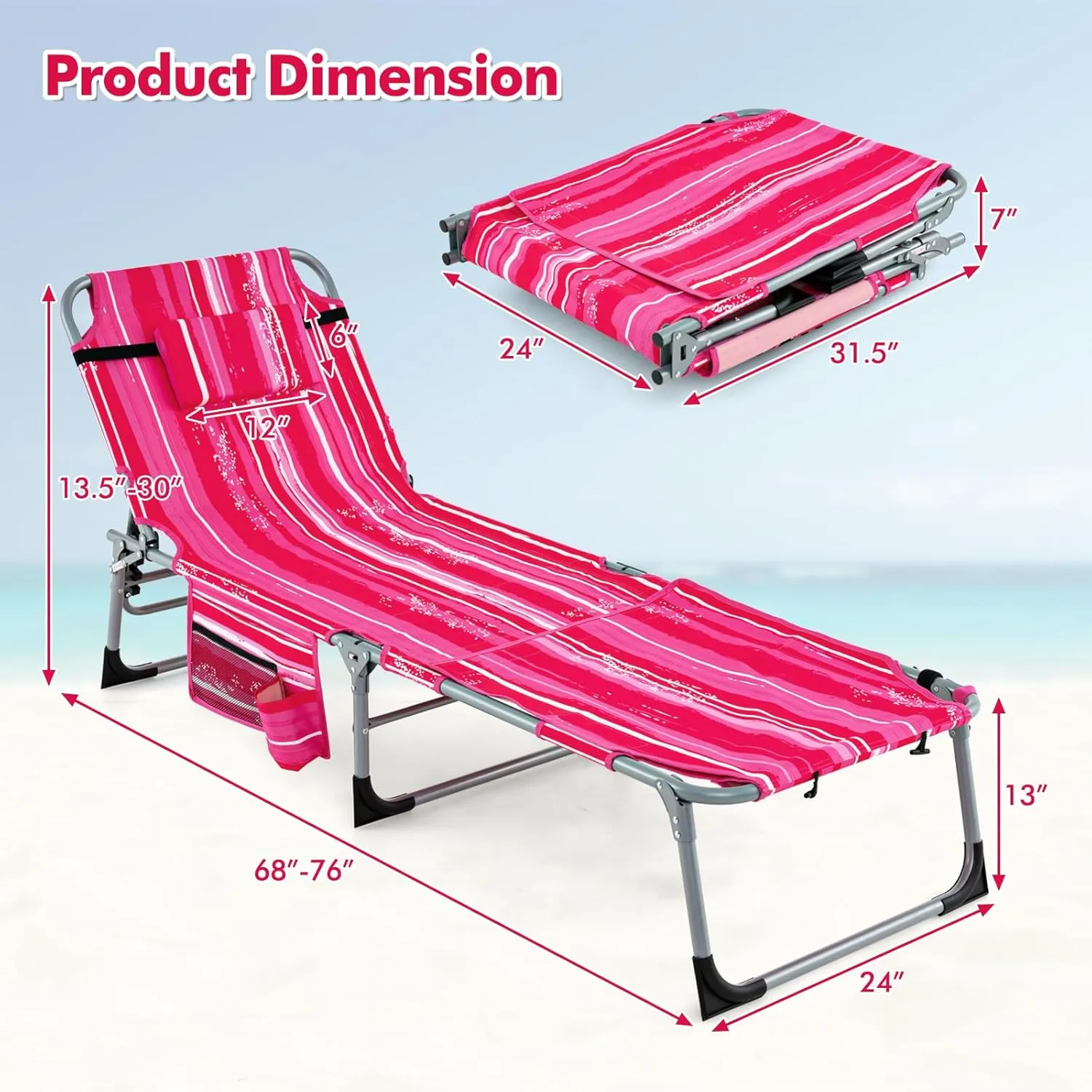 Tangkula Tanning Chair, Outdoor Folding Beach Lounge Chair with Face Hole, Adjustable Footrest, Removable Pillow, Storage Pocket, 5-Position Sunbathing Chair for Outside Beach (1, Pink Stripe)