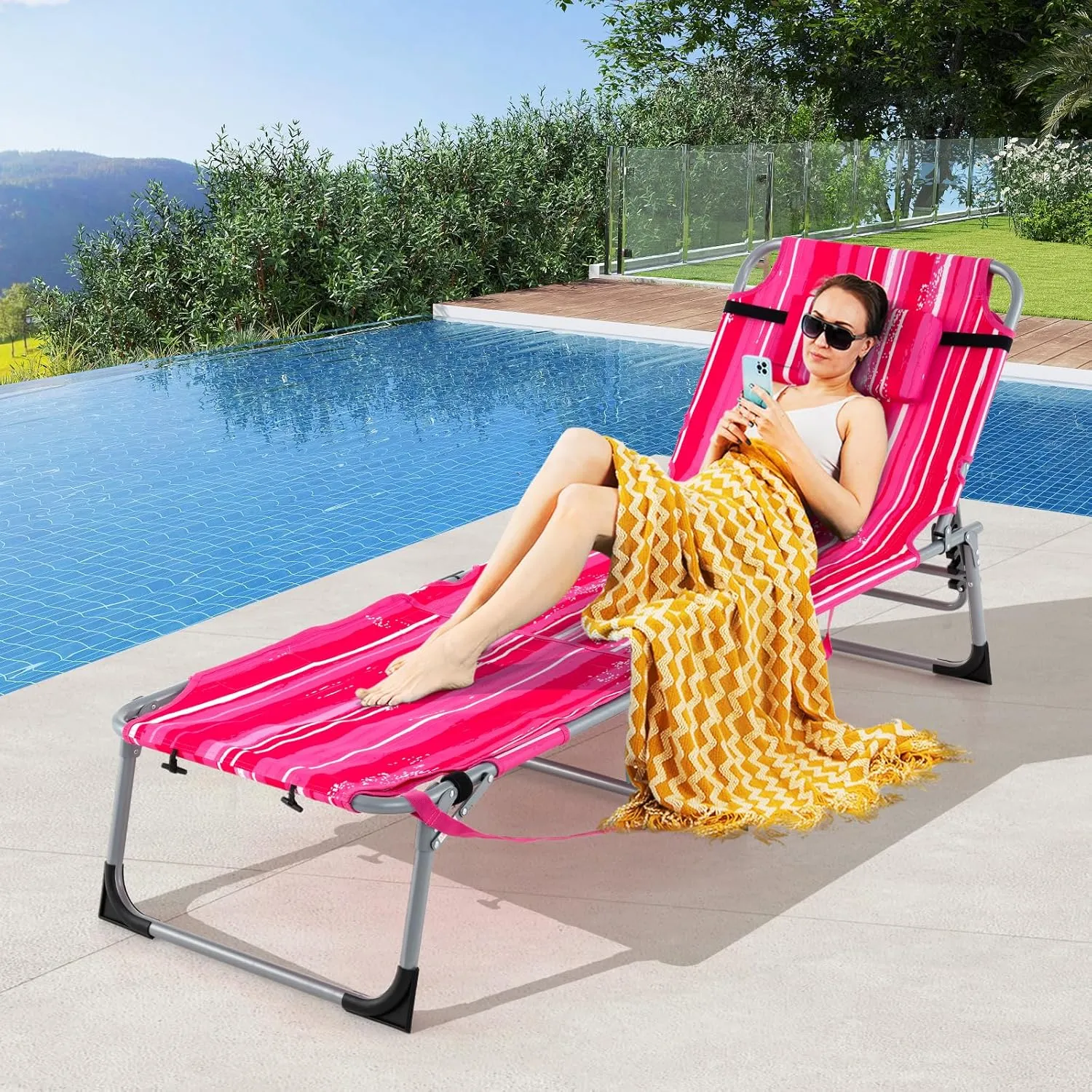 Tangkula Tanning Chair, Outdoor Folding Beach Lounge Chair with Face Hole, Adjustable Footrest, Removable Pillow, Storage Pocket, 5-Position Sunbathing Chair for Outside Beach (1, Pink Stripe)