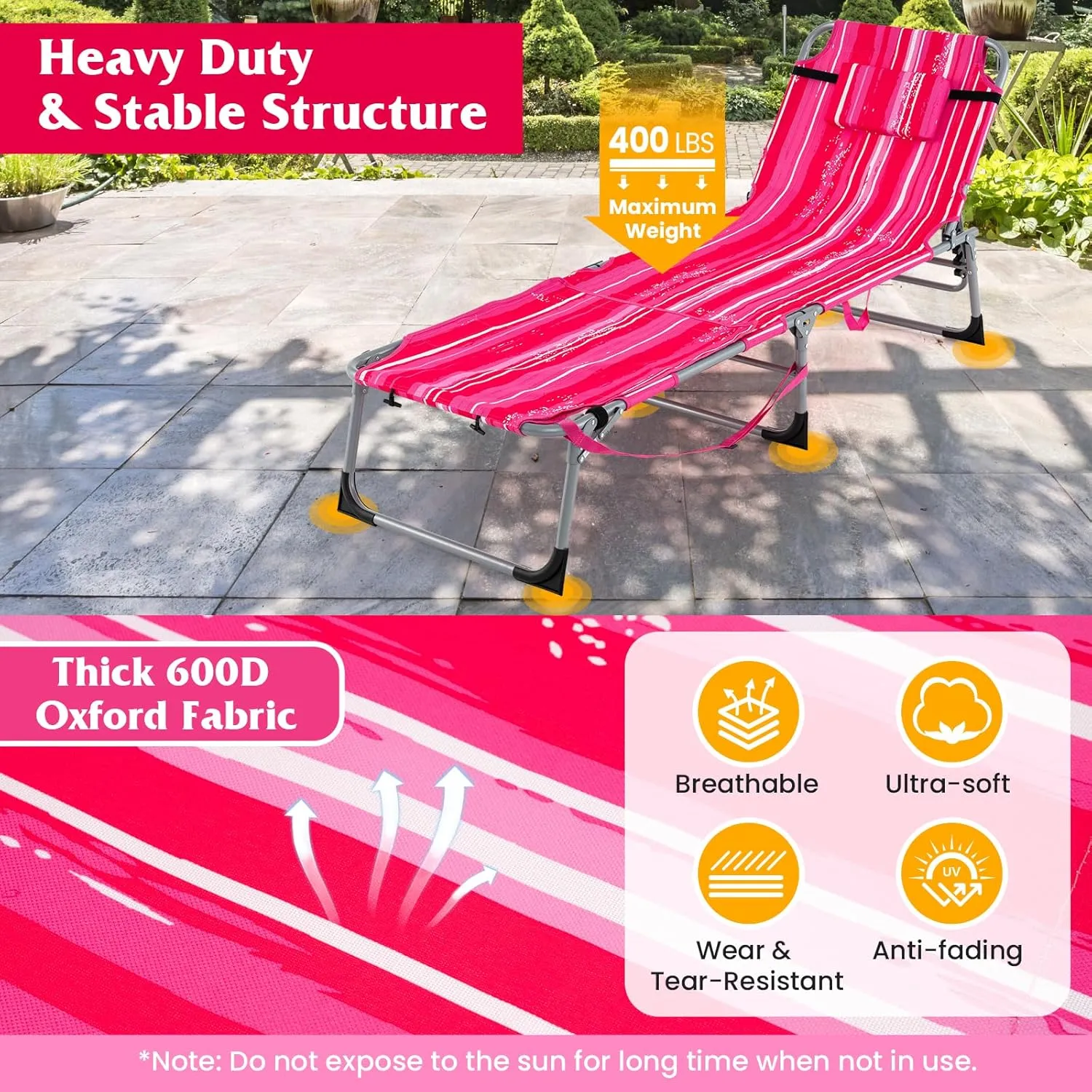 Tangkula Tanning Chair, Outdoor Folding Beach Lounge Chair with Face Hole, Adjustable Footrest, Removable Pillow, Storage Pocket, 5-Position Sunbathing Chair for Outside Beach (1, Pink Stripe)