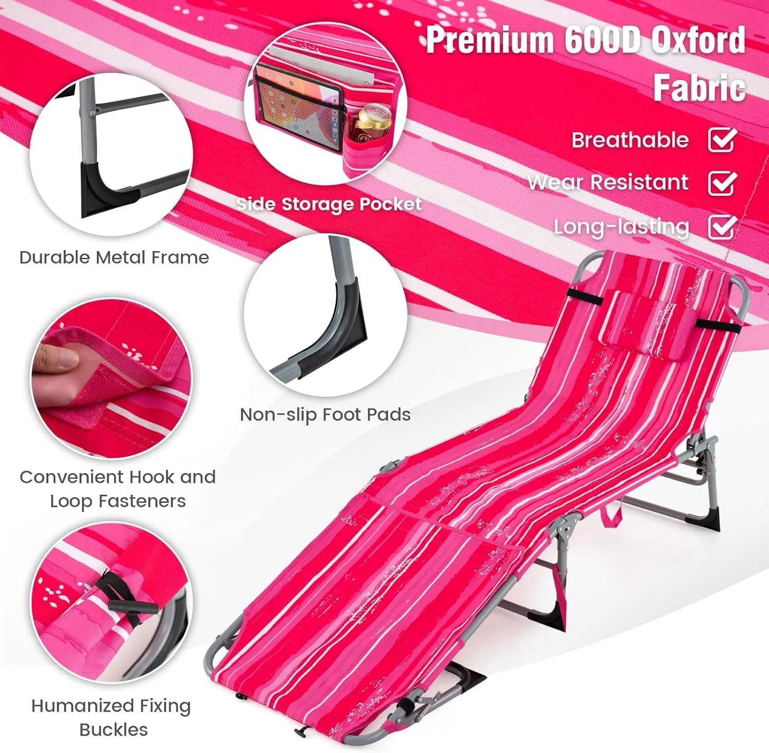 Tangkula Tanning Chair, Outdoor Folding Beach Lounge Chair with Face Hole, Adjustable Footrest, Removable Pillow, Storage Pocket, 5-Position Sunbathing Chair for Outside Beach (1, Pink Stripe)