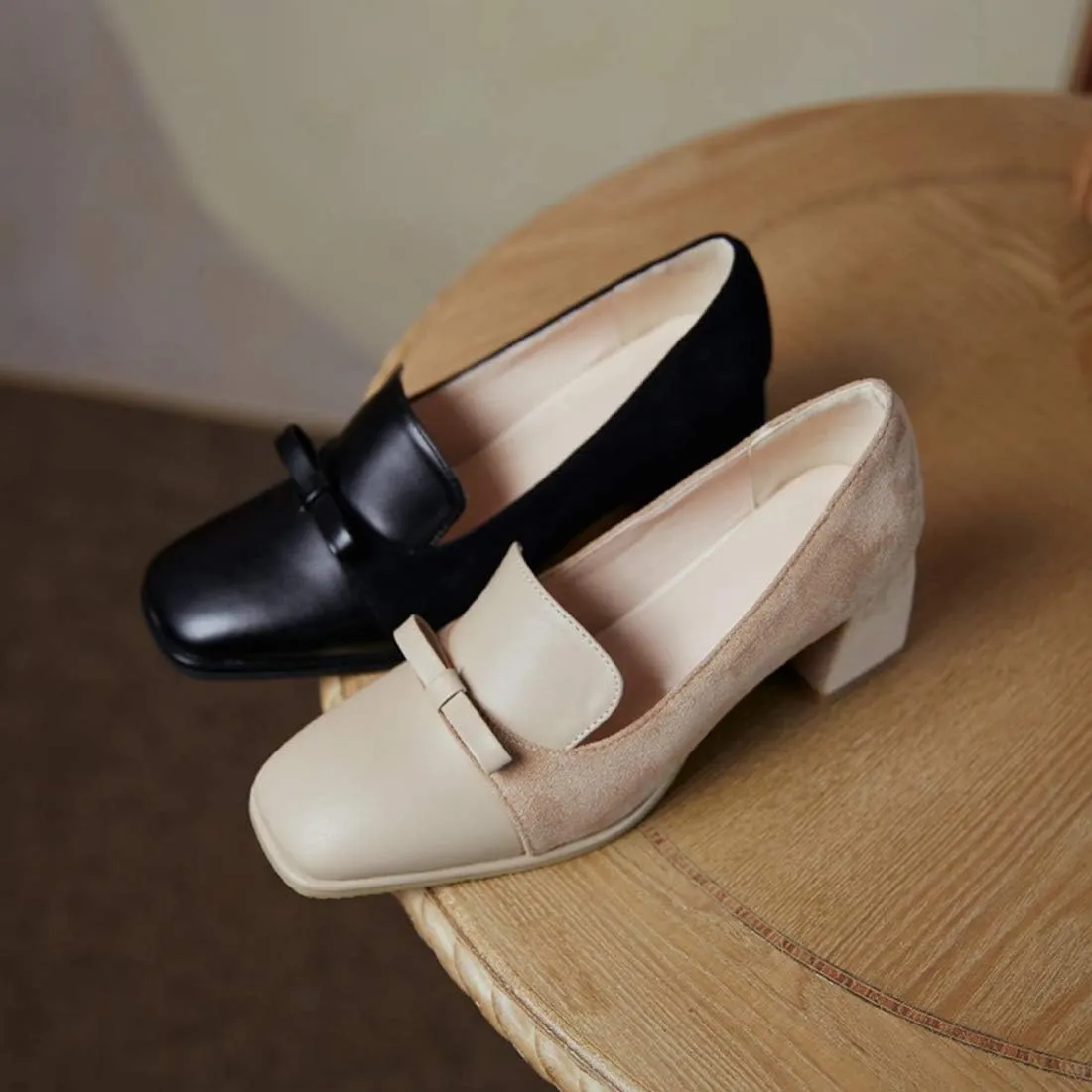 VOKLIN Women's Fashion Bow Square Toe Dress Pumps Slip On Chunky Block High Heels Formal Work Office Shoes