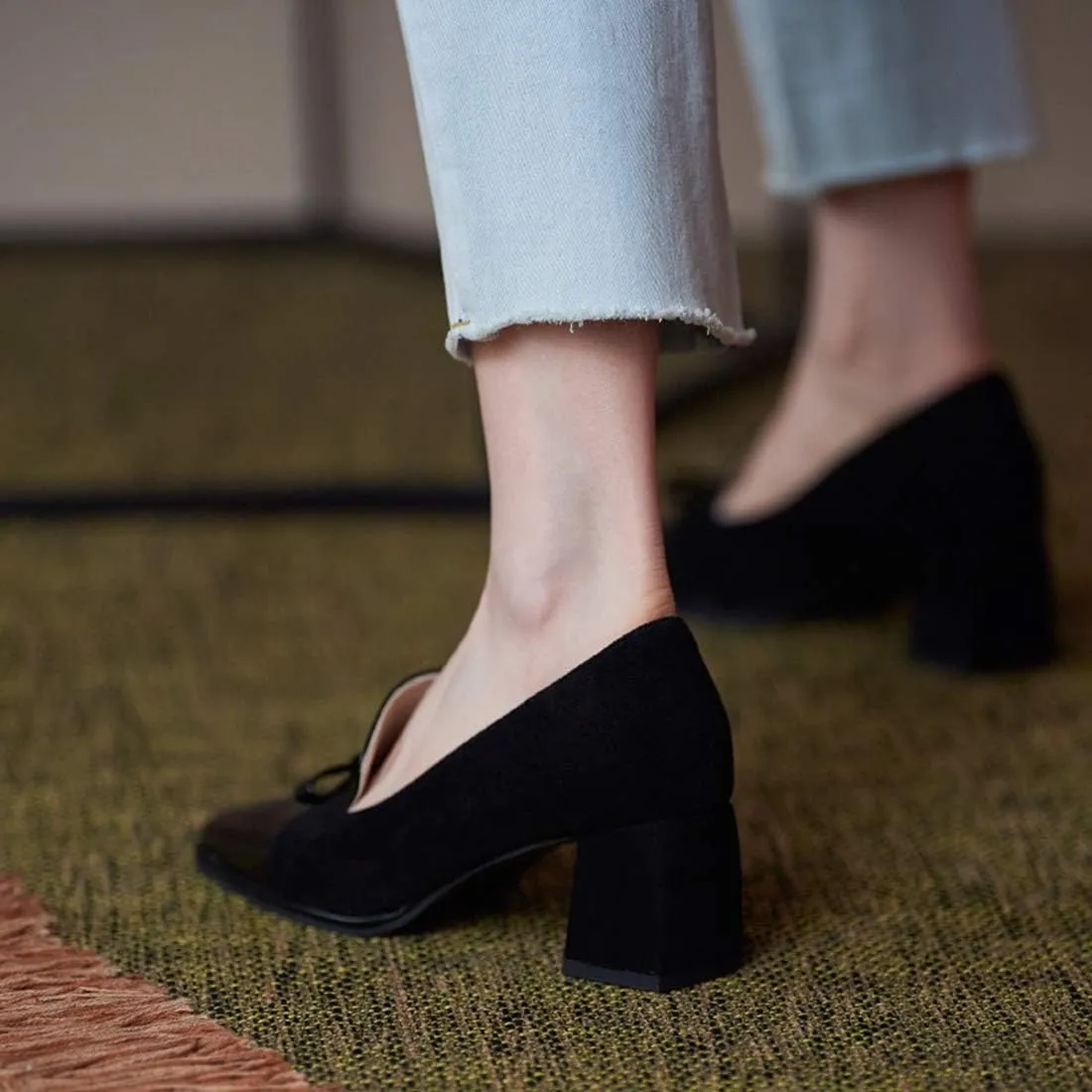 VOKLIN Women's Fashion Bow Square Toe Dress Pumps Slip On Chunky Block High Heels Formal Work Office Shoes
