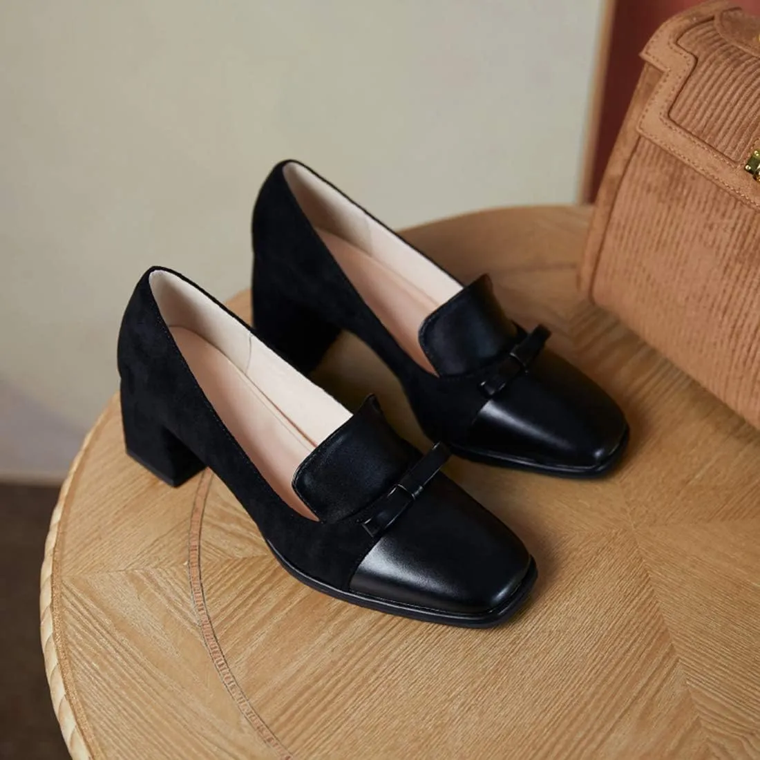 VOKLIN Women's Fashion Bow Square Toe Dress Pumps Slip On Chunky Block High Heels Formal Work Office Shoes