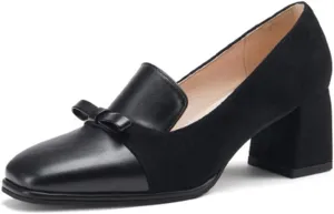 VOKLIN Women's Fashion Bow Square Toe Dress Pumps Slip On Chunky Block High Heels Formal Work Office Shoes
