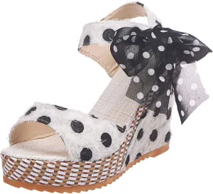 Wedge Sandals for Women Casual Summer Polka Dot Bow Lace up Fish Mouth Open Toe Chunky Platform Sandals Classic Comfy Outdoor High Heels Shoes