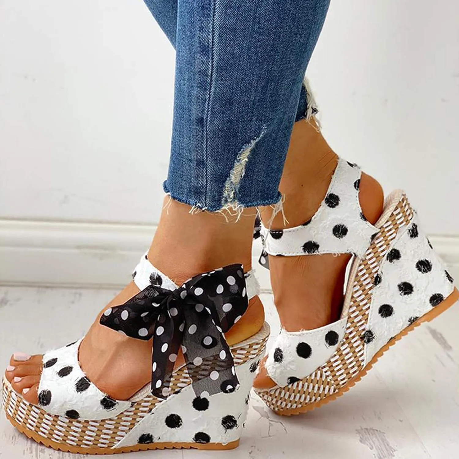 Wedge Sandals for Women Casual Summer Polka Dot Bow Lace up Fish Mouth Open Toe Chunky Platform Sandals Classic Comfy Outdoor High Heels Shoes