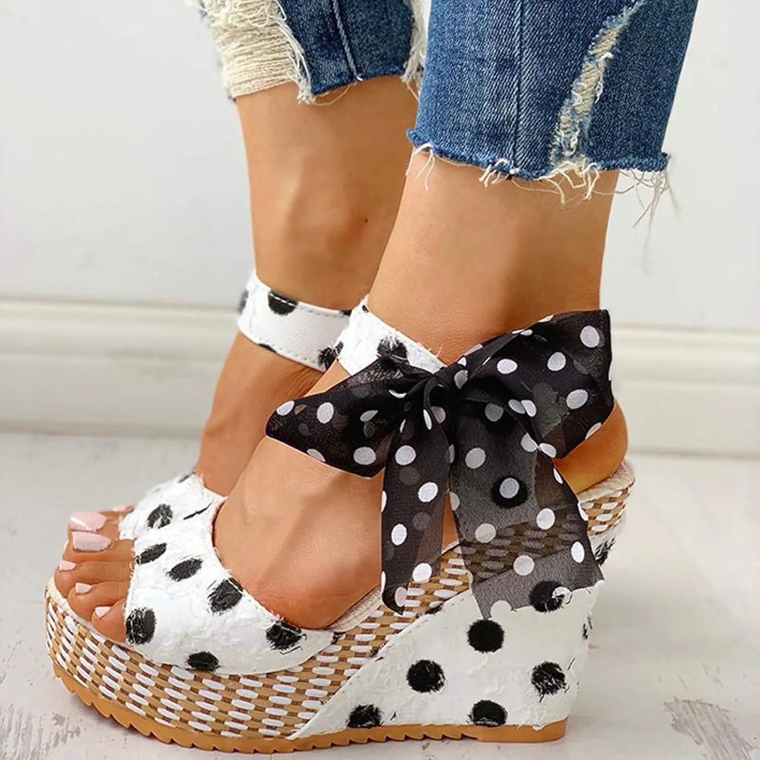 Wedge Sandals for Women Casual Summer Polka Dot Bow Lace up Fish Mouth Open Toe Chunky Platform Sandals Classic Comfy Outdoor High Heels Shoes