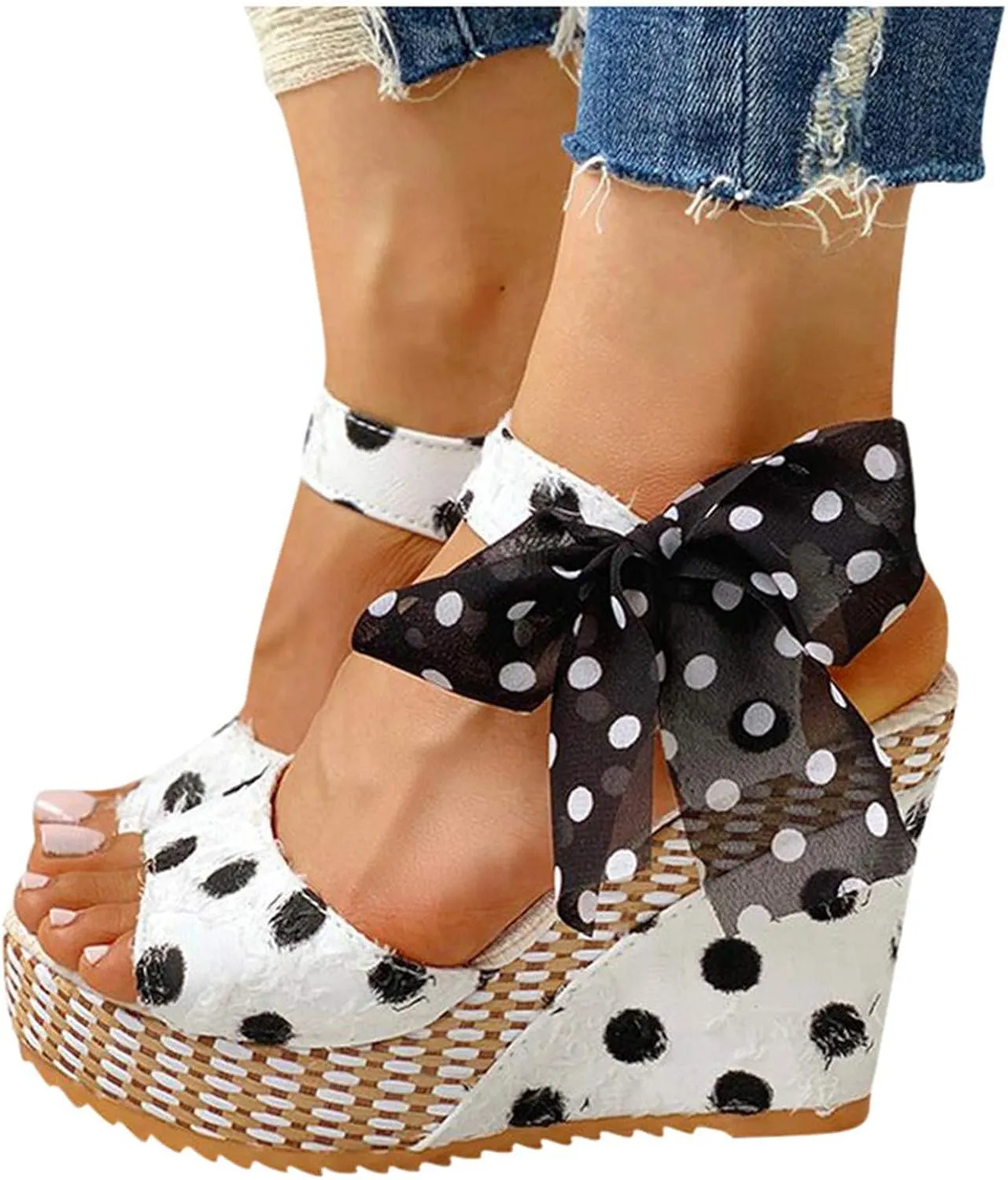 Wedge Sandals for Women Casual Summer Polka Dot Bow Lace up Fish Mouth Open Toe Chunky Platform Sandals Classic Comfy Outdoor High Heels Shoes