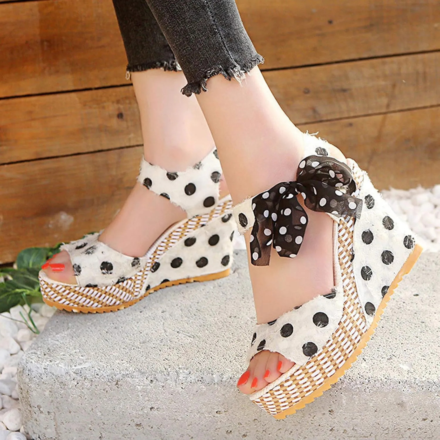 Wedge Sandals for Women Casual Summer Polka Dot Bow Lace up Fish Mouth Open Toe Chunky Platform Sandals Classic Comfy Outdoor High Heels Shoes