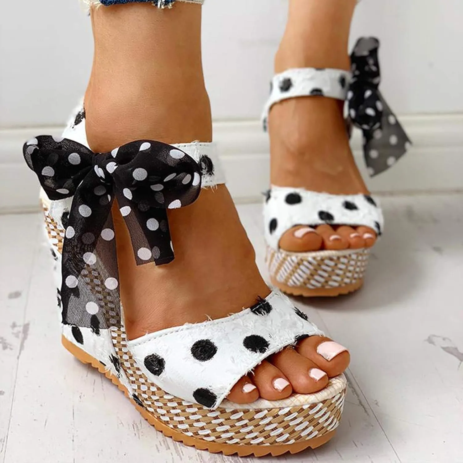 Wedge Sandals for Women Casual Summer Polka Dot Bow Lace up Fish Mouth Open Toe Chunky Platform Sandals Classic Comfy Outdoor High Heels Shoes