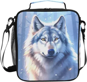Wolf Winter Forest Kids Lunch Box Boys Girls Insulated Lunch Bag Reusable Thermal Cooler Tote Portable Shoulder Strap School Picnic