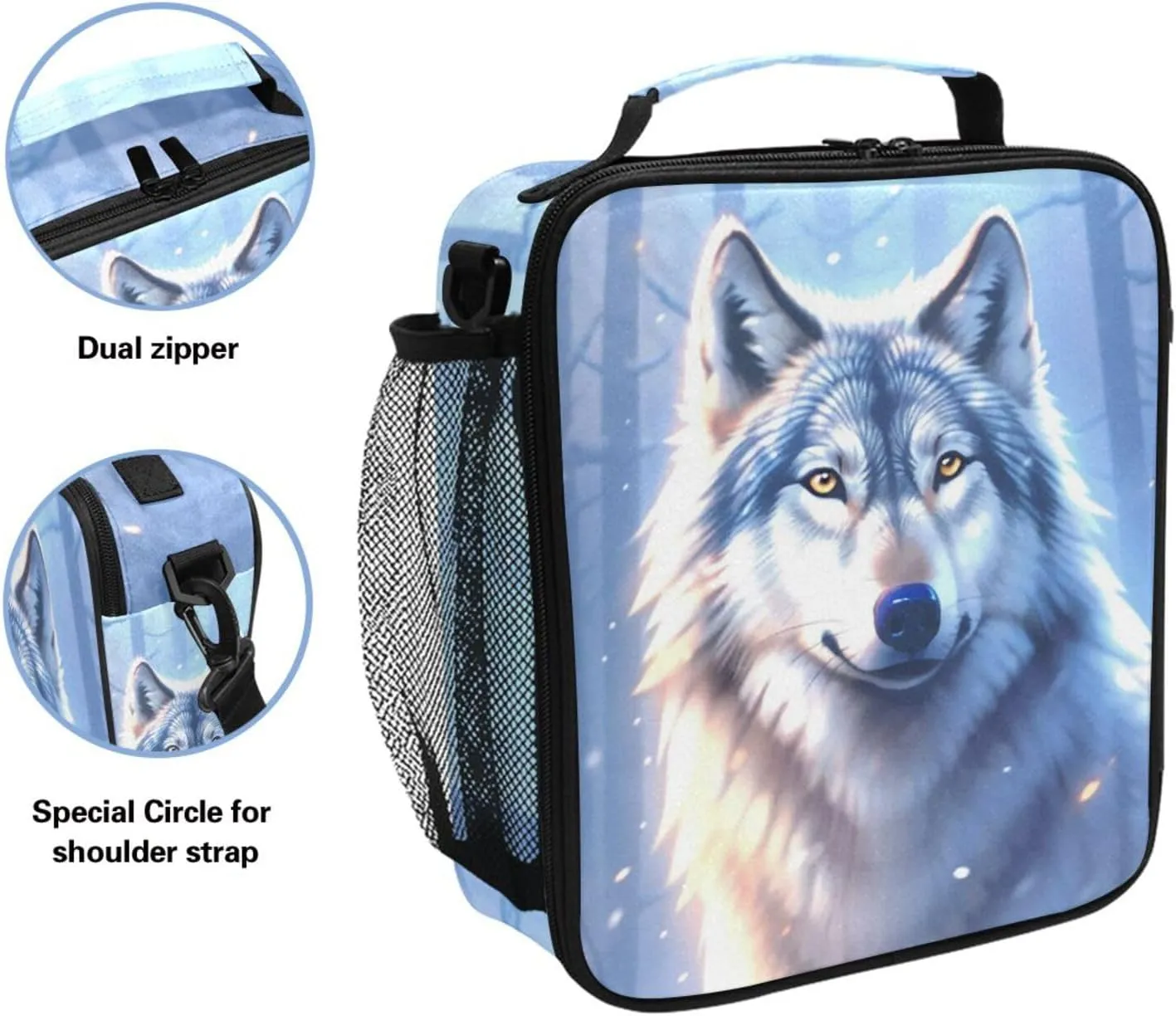 Wolf Winter Forest Kids Lunch Box Boys Girls Insulated Lunch Bag Reusable Thermal Cooler Tote Portable Shoulder Strap School Picnic