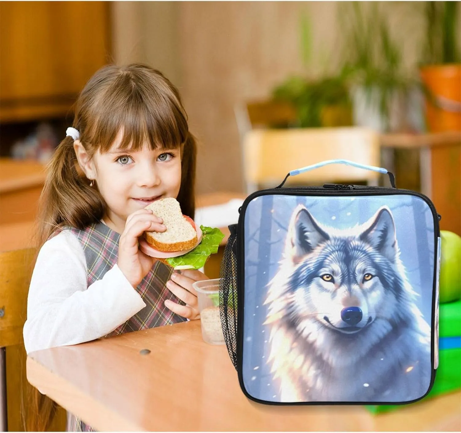 Wolf Winter Forest Kids Lunch Box Boys Girls Insulated Lunch Bag Reusable Thermal Cooler Tote Portable Shoulder Strap School Picnic