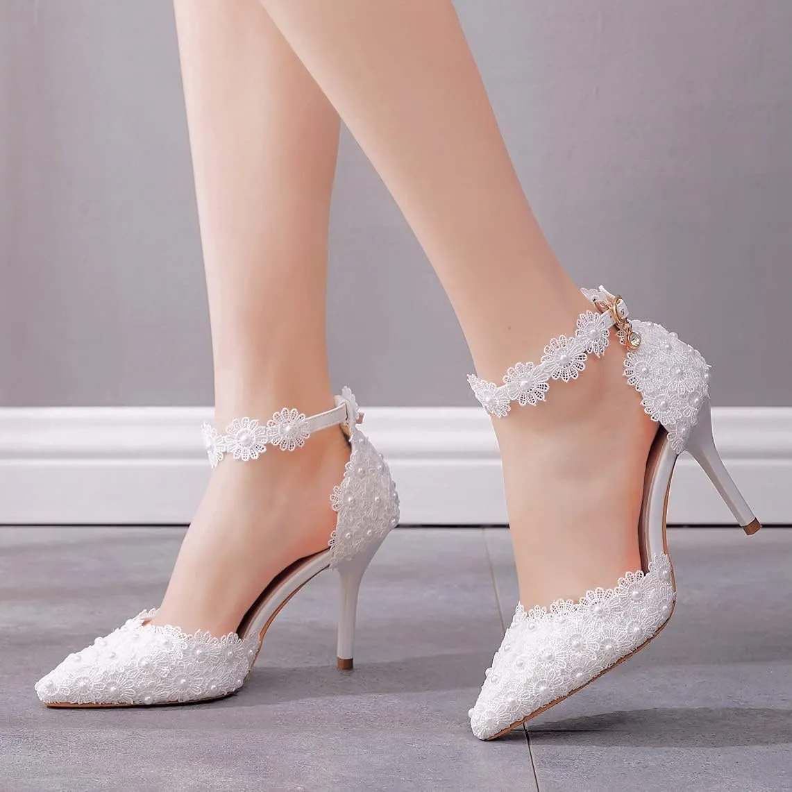 Women High Heel Pumps Pointed Closed Toe Sandals with Floral Lace Pearls Strap Stiletto Heels Bridal Wedding Dress Shoes 3.75''