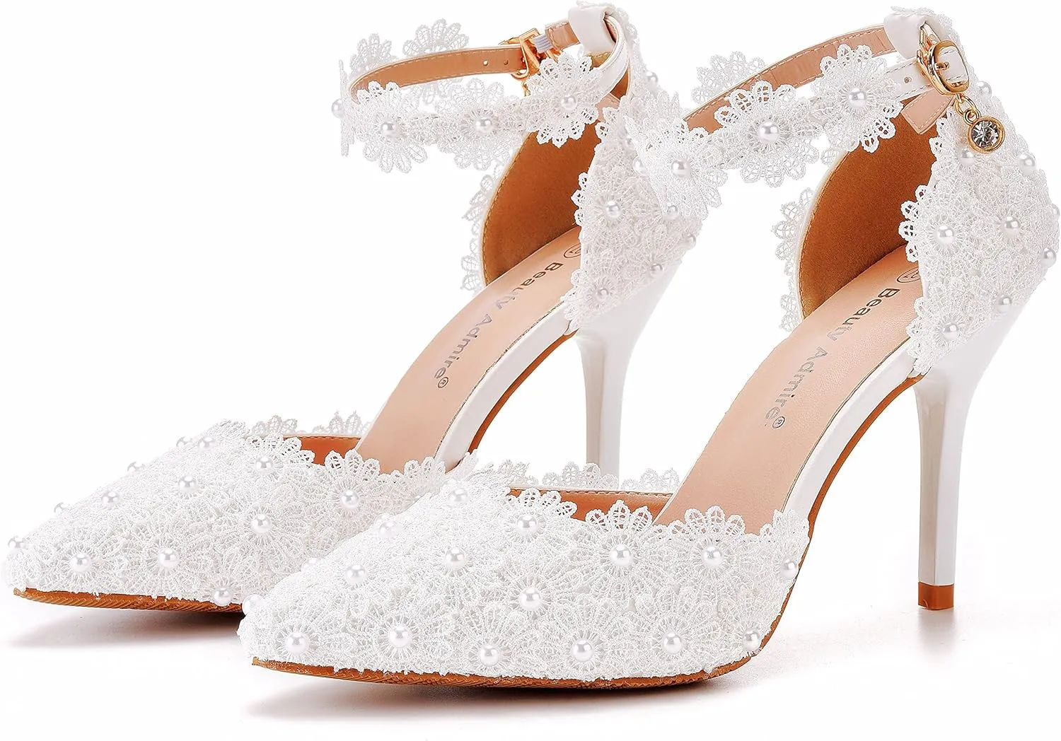 Women High Heel Pumps Pointed Closed Toe Sandals with Floral Lace Pearls Strap Stiletto Heels Bridal Wedding Dress Shoes 3.75''