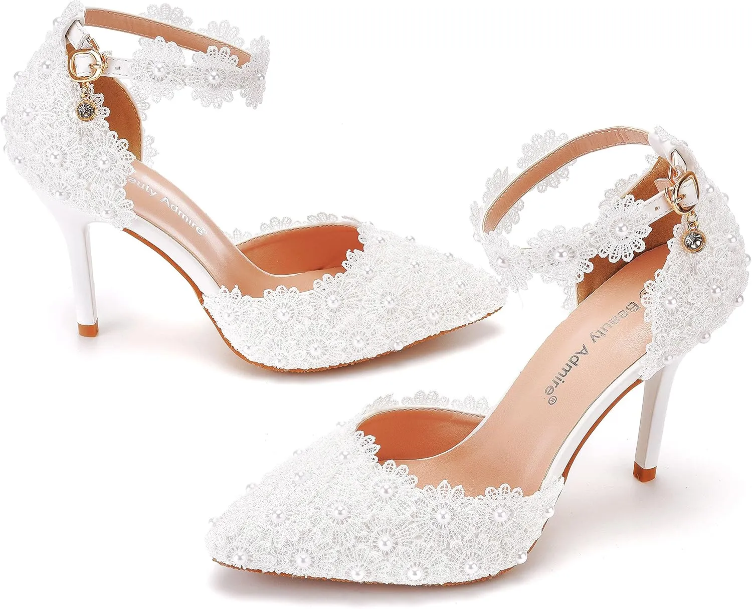 Women High Heel Pumps Pointed Closed Toe Sandals with Floral Lace Pearls Strap Stiletto Heels Bridal Wedding Dress Shoes 3.75''