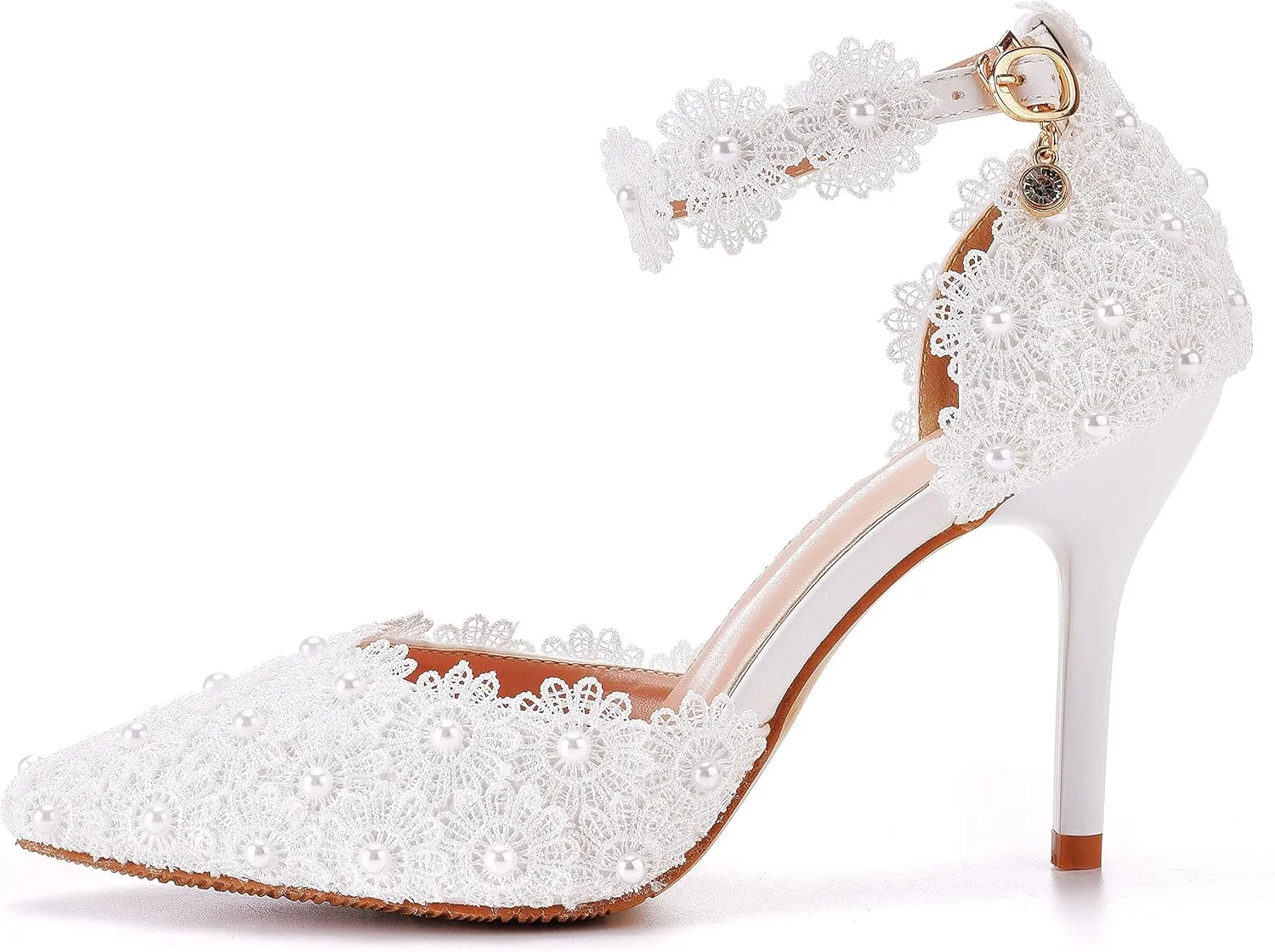 Women High Heel Pumps Pointed Closed Toe Sandals with Floral Lace Pearls Strap Stiletto Heels Bridal Wedding Dress Shoes 3.75''