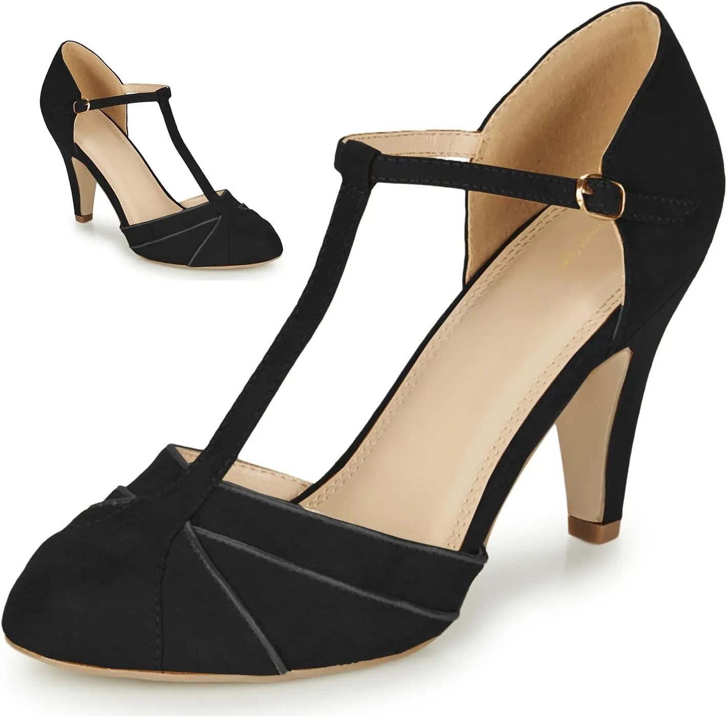 Women Kitten Heel Mary Janes Round Toe Ankle T-Strap Mary Jane Pumps Suede 3 inch Kitten Heel Pump Shoes Cut Out Ankle Strap Buckle Mary Jane Heels Retro Elegant Wedding 4-11 M US