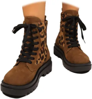 Women Round Toe Combat Ankle Boots Chunky Low Heel Leopard Printed Lace-up Combat Boots Fashion Short Booties