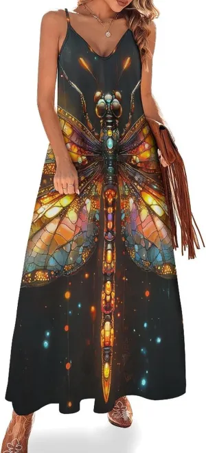 Women V Neck Spaghetti Strap Long Maxi Dresses Strappy Summer Dress - Dragonfly Black Art