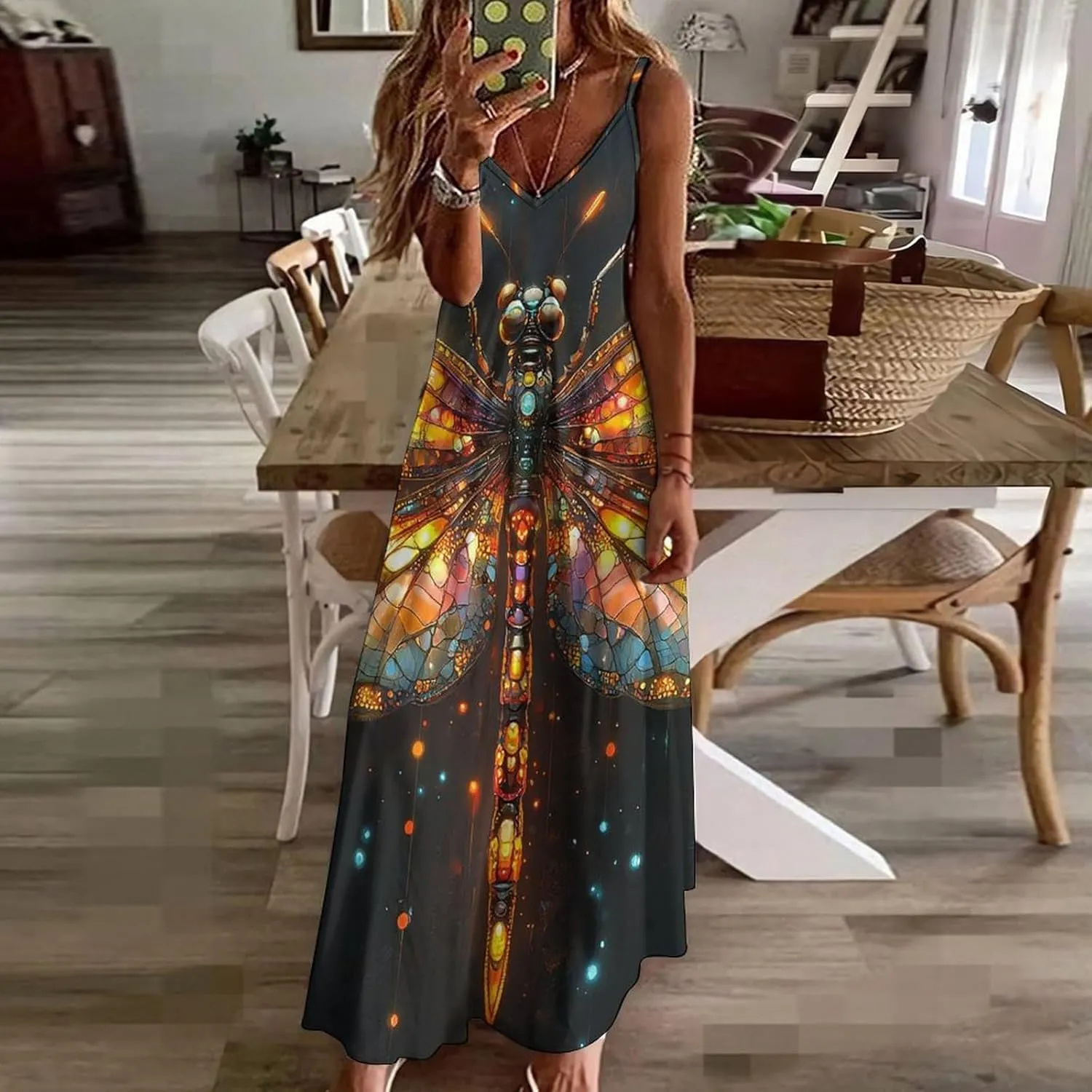 Women V Neck Spaghetti Strap Long Maxi Dresses Strappy Summer Dress - Dragonfly Black Art