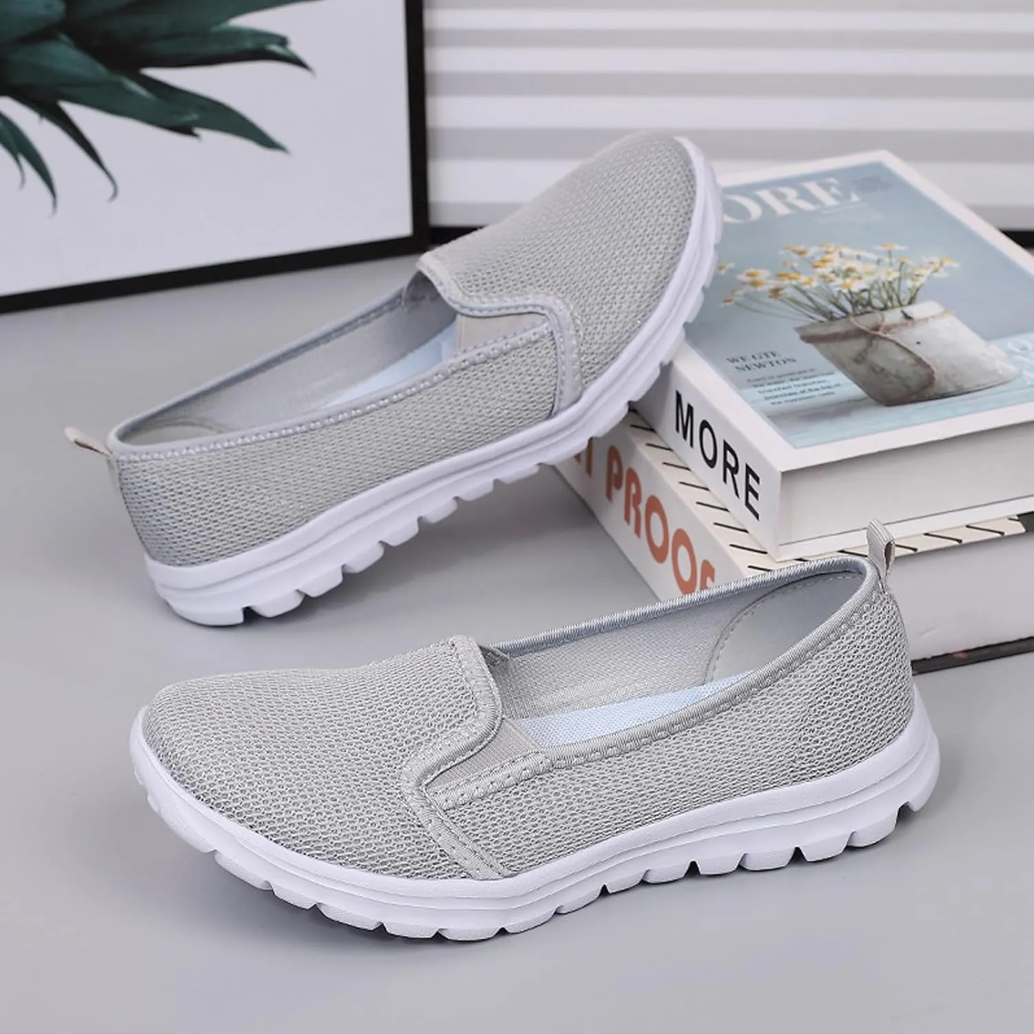 Women's Breathable Mesh Backless Walking Shoes,Casual Slip On Comfortable Soft Sole Sneakers Low Top Lightweight Loafers
