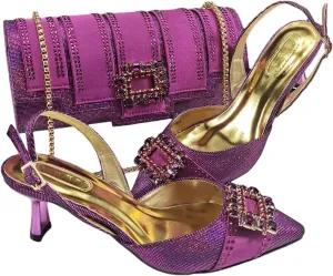 Women’S Color Block Design Heels and Rhinestone Party Bag Set for Evening Wear