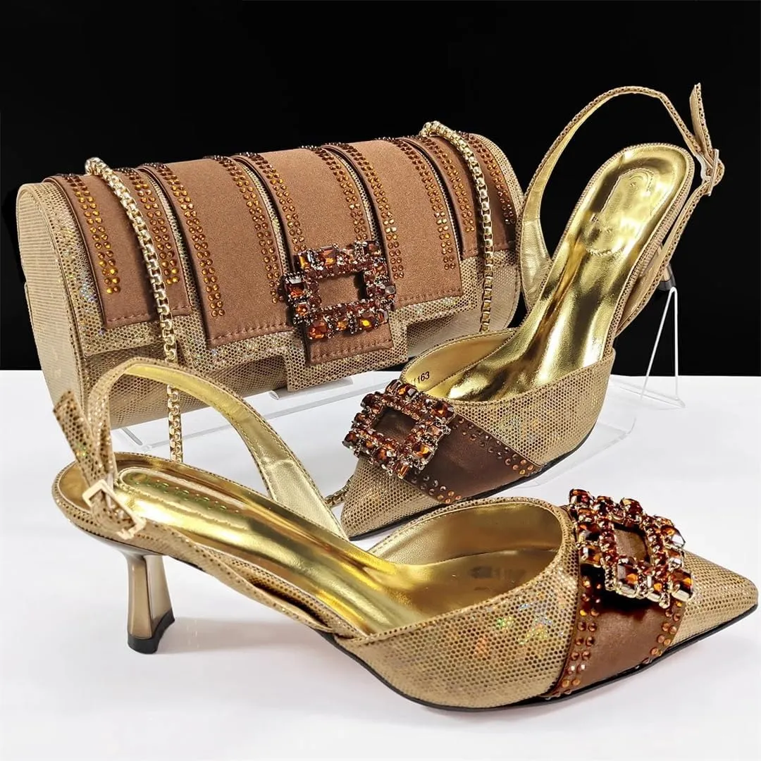 Women’S Color Block Design Heels and Rhinestone Party Bag Set for Evening Wear