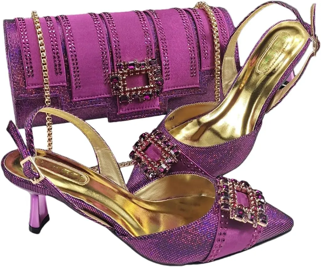 Women’S Color Block Design Heels and Rhinestone Party Bag Set for Evening Wear