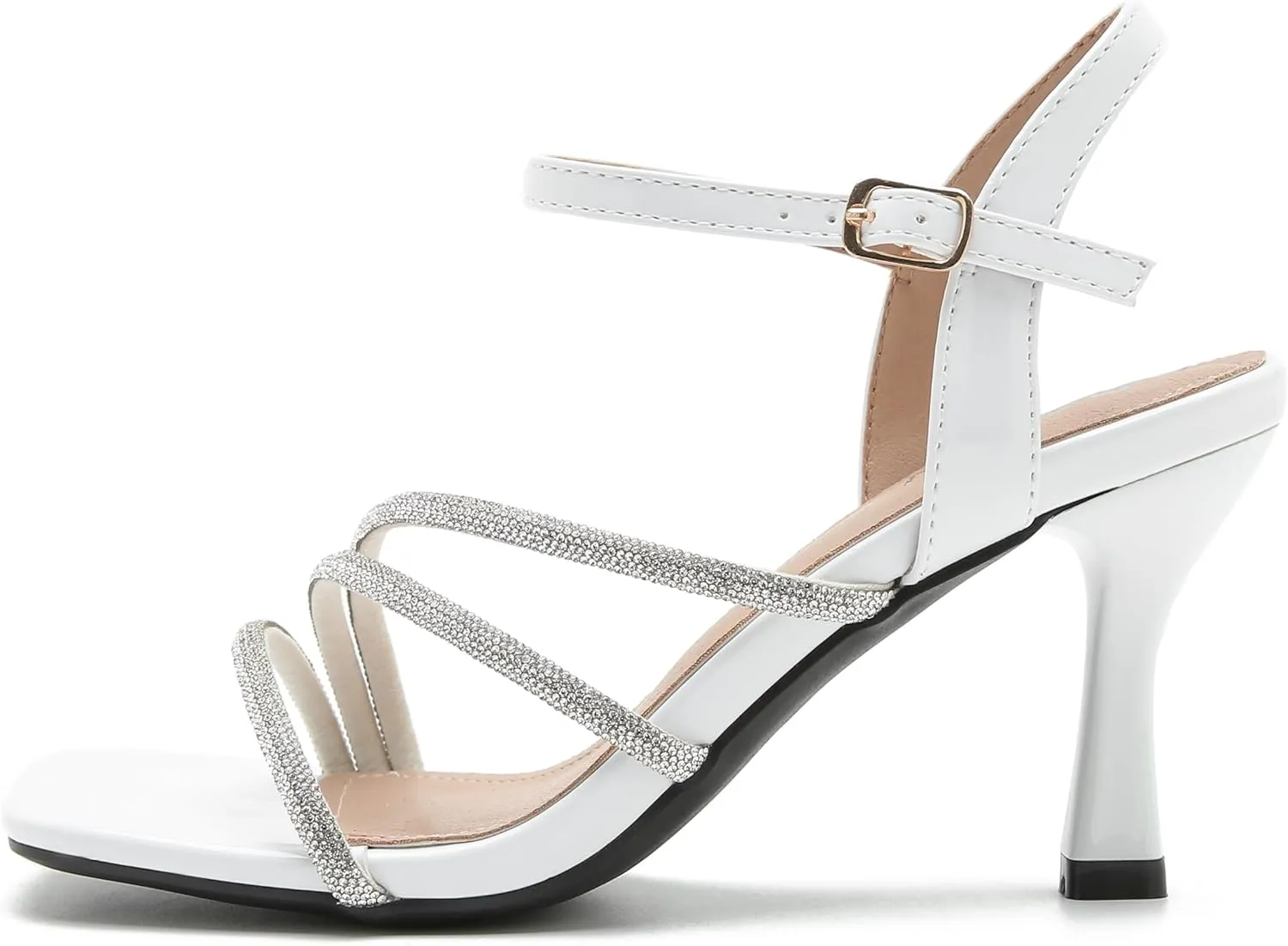 Women's Formal Rhinestone Strappy Sandal Mid High Kitten Heel Ankle Strap Buckle Up Square Toe Heels