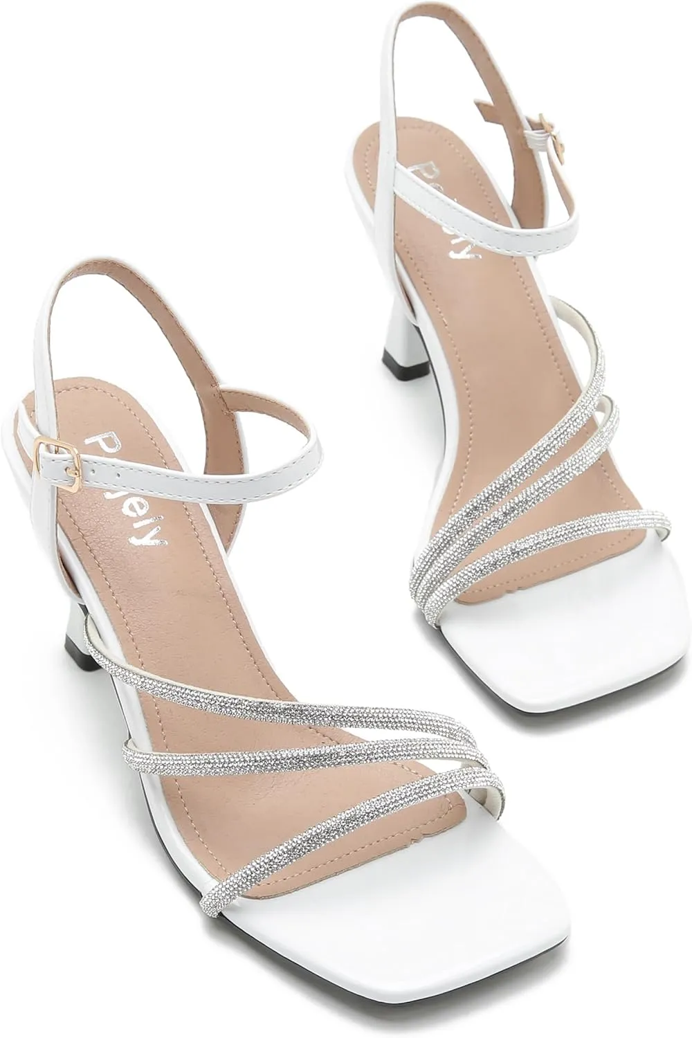 Women's Formal Rhinestone Strappy Sandal Mid High Kitten Heel Ankle Strap Buckle Up Square Toe Heels