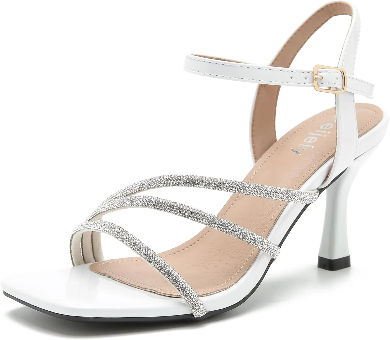 Women's Formal Rhinestone Strappy Sandal Mid High Kitten Heel Ankle Strap Buckle Up Square Toe Heels