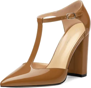 Women's High Heel Pumps, Simple Classic T-Strap Pointed Toe Dress Shoes,Party Dress Sandals3.9