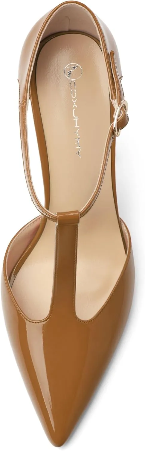 Women's High Heel Pumps, Simple Classic T-Strap Pointed Toe Dress Shoes,Party Dress Sandals3.9