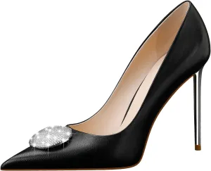 Women's High Stiletto Heel, Leather Pumps Rhinestones 105mm Heels Closed Pointed Toe Slip On Pump Wedding Party Dress Shoes